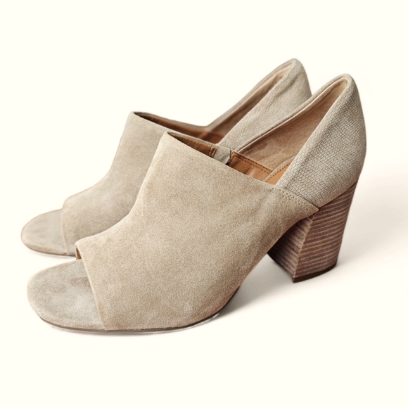 Anthropologie/Franco Sarto Ellison Taupe Suede Open Toe Block Heels Size 10M - Picture 1 of 13